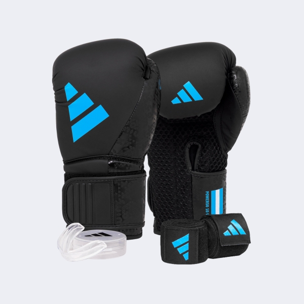 Set Boxeo Combat: Guante Venda Bucal - Bpkit08smu Negro-celeste 12 Oz